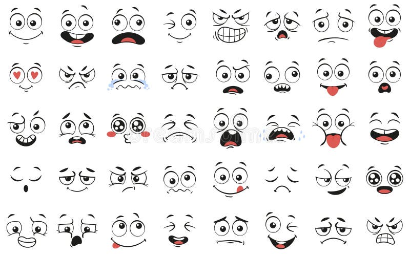 Cartoon-Gesichter Äußere Augen und Mund, Lächeln, Weinen und überraschte Zeichen Gesichtsausdrücke Vektorgrafik