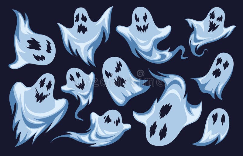 Cartoon ghost. Halloween night holiday characters. Creepy funny frightening spooky boo phantoms, monsters vector set