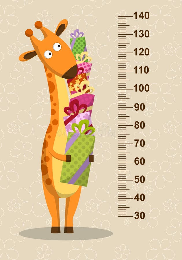 Cartoon giraffe with gifts on a beige background. Stadiometer. Vector