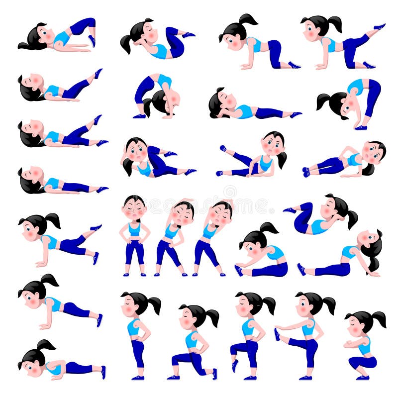 Cartoon girl in blue suit doing fitness exercises isolated on wh stock illustration