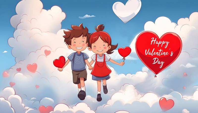 Cartoon girl and boy fall in love among the clouds with heart shaped balloons. Happy Valentine\  s day.