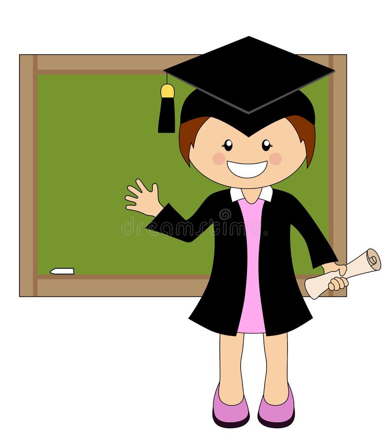 Cartoon girl in cap and gown graduate in front of school board stock illustration Cartoon girl in cap and gown graduate in front of school board stock illustration
