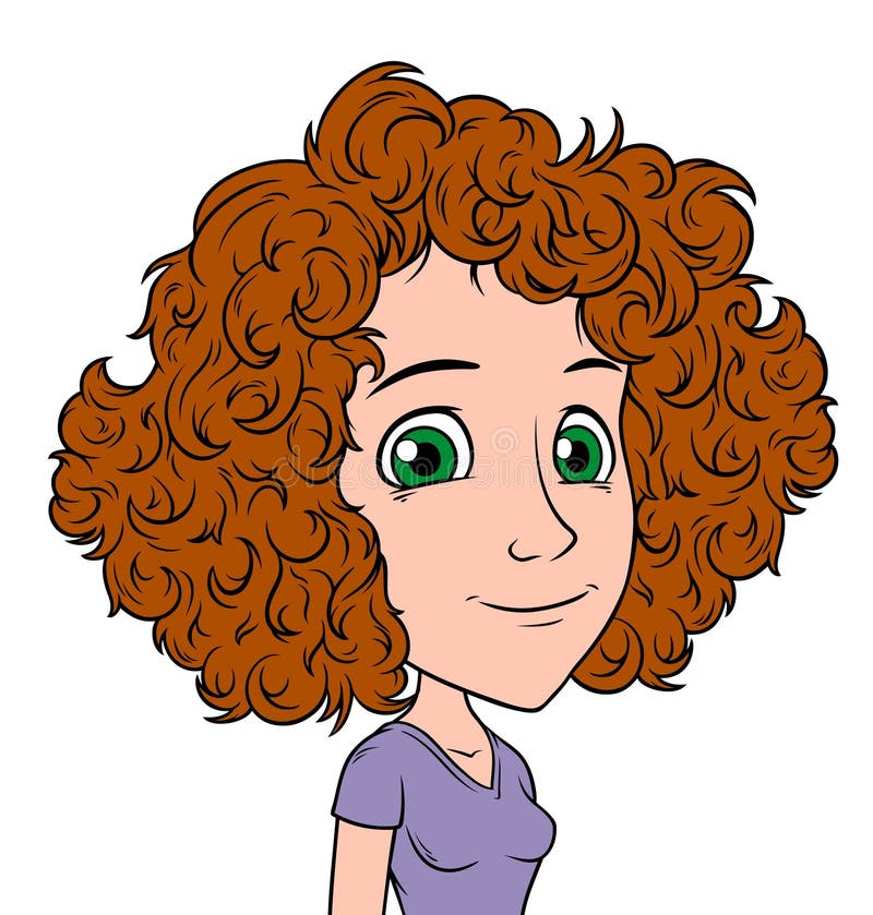 Cartoon redhead girl character with curly hair. 