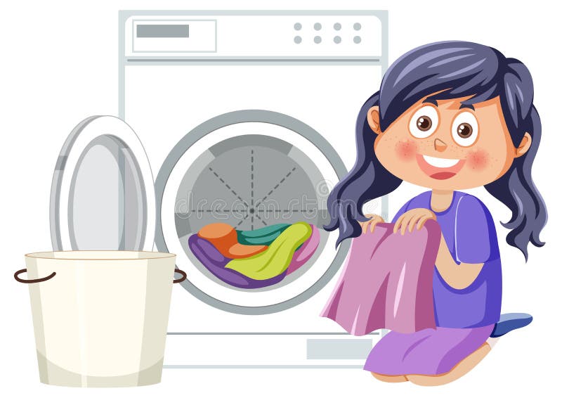 Cartoon Girl Doing Laundry with Washing Machine Stock Vector