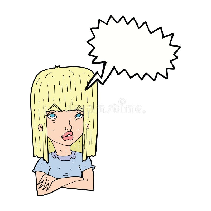 cartoon girl with folded arms with speech bubble