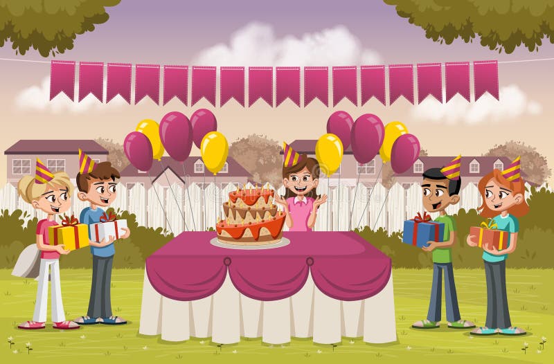 Cartoon Girl with Her Friends at a Birthday Party in the Backyard of a Colorful House. Stock Vector - Illustration of background, neighborhoodn: 107519048 Cartoon Girl with Her Friends at a Birthday Party in the Backyard of a Colorful House. Stock Vector - Illustration of background, neighborhoodn: 107519048