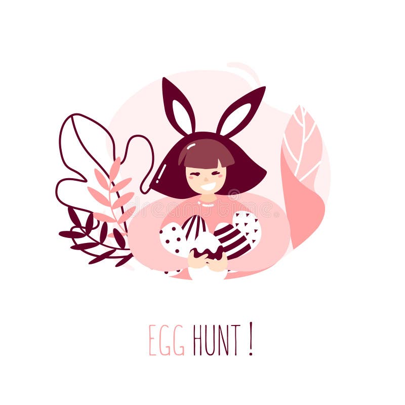 Cartoon girl with rabbit ears, plants and Easter eggs on white background. Happy Easter card in trendy flat linear style. Vector b vector illustration Cartoon girl with rabbit ears, plants and Easter eggs on white background. Happy Easter card in trendy flat linear style. Vector b vector illustration
