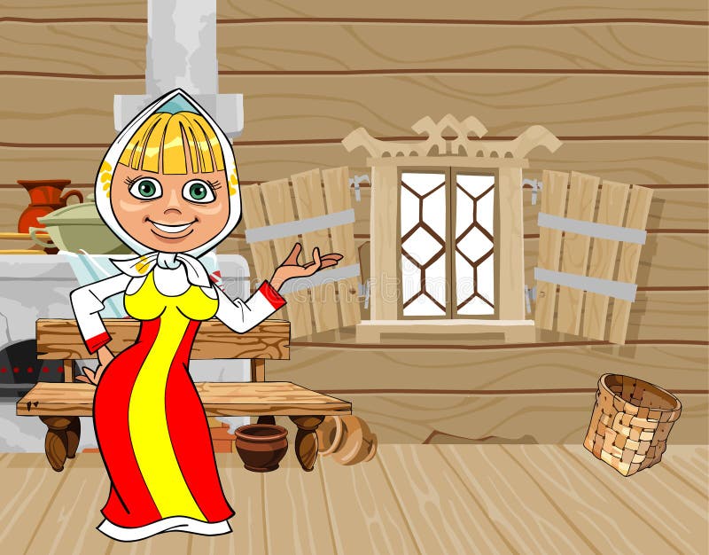 Cartoon girl in Russian national dress in a wooden house vector illustration Cartoon girl in Russian national dress in a wooden house vector illustration