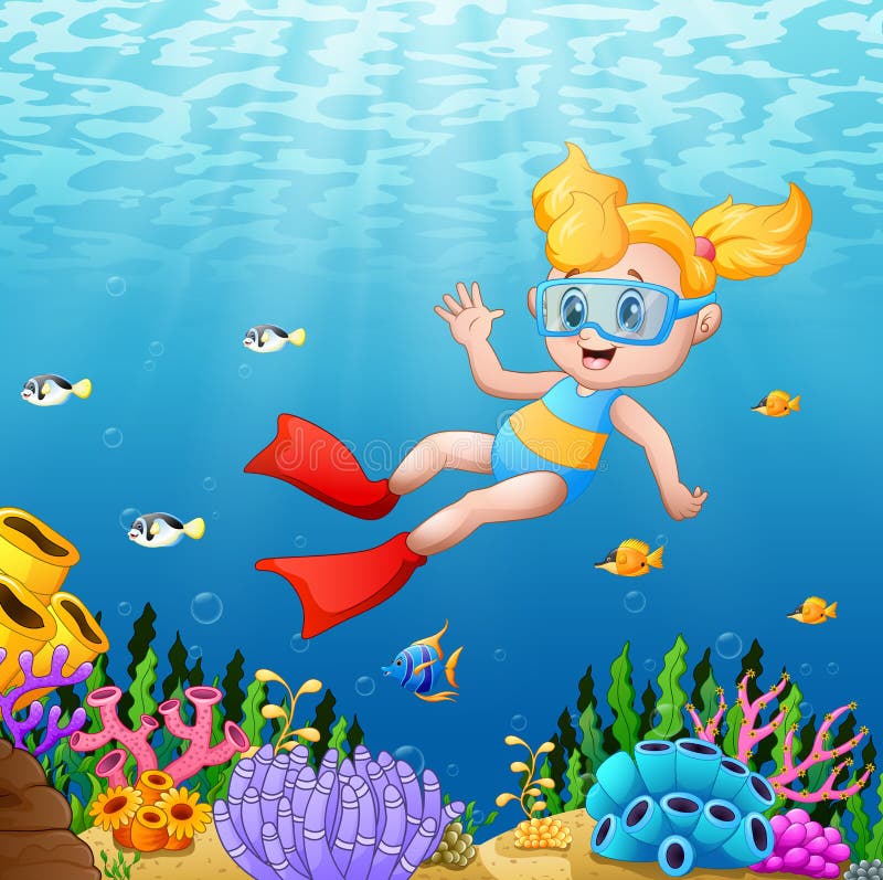 Cartoon Girl Swimming Underwater with Fish Stock Vector - Illustration