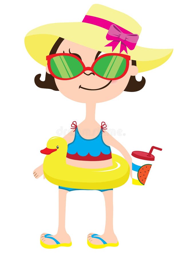 Cartoon Girl in Yellow Hat with Pink Bow, a Rubber Ring Duck Swimming ...