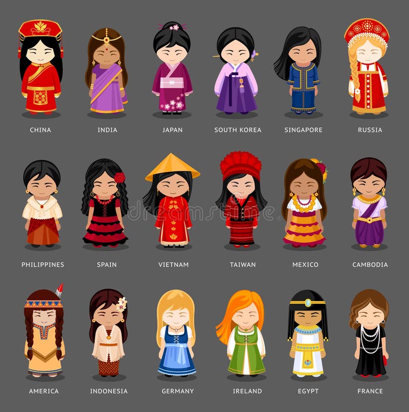 Cartoon Girls in Different National Costumes. Stock Vector - Illustration  of irish, dress: 122441742