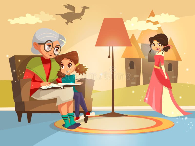 cartoon grandmother reading fairy tale book to girl kid sitting at armchair. Illustration elderly parent child on background of home interior with dragon princess castle on wall imagined by kid. cartoon grandmother reading fairy tale book to girl kid sitting at armchair. Illustration elderly parent child on background of home interior with dragon princess castle on wall imagined by kid
