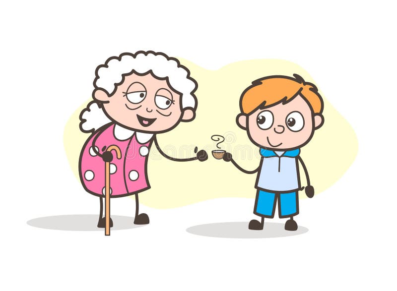 Cartoon Grandson Presenting Hot Tea To His Grandmother Vector Illustration  Stock Illustration - Illustration of people, doodle: 101704317