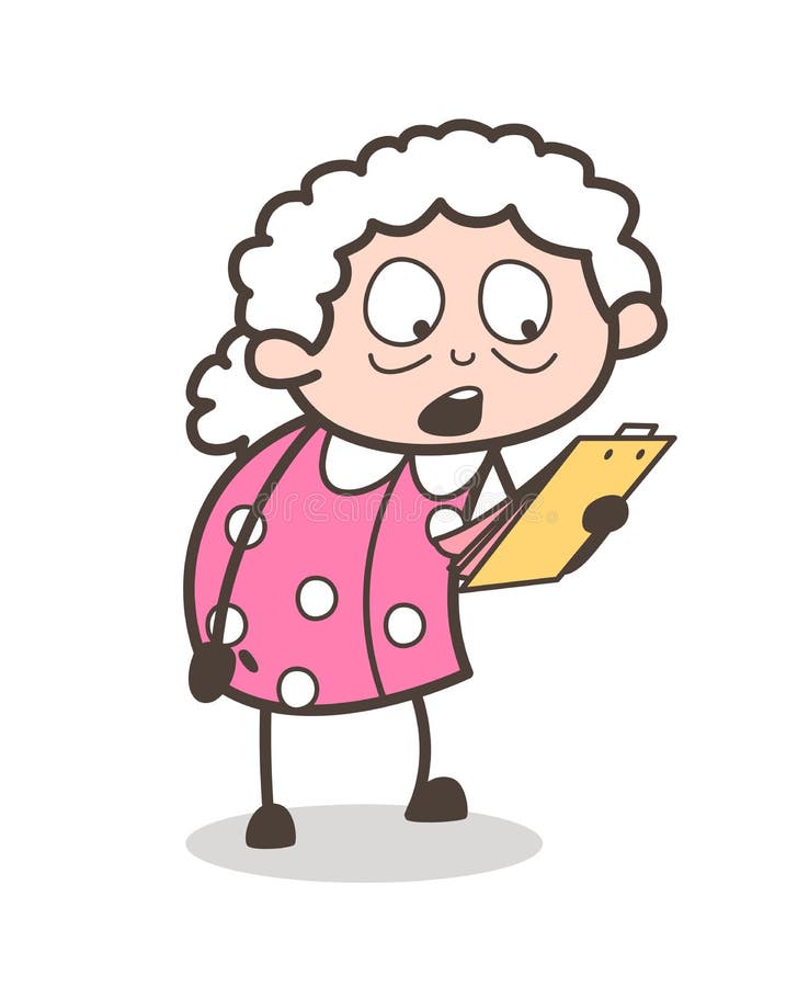 Cartoon Granny Writing Notes on Cardboard Vector Illustration