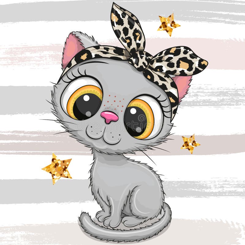 Cartoon gray Kitten girl with a bow isolated on a striped background