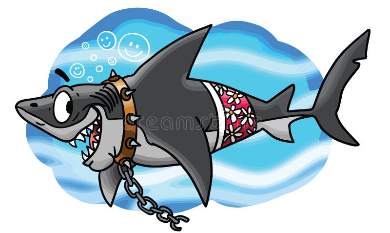 Cartoon great white shark brakes free from his chains vector stock illustration