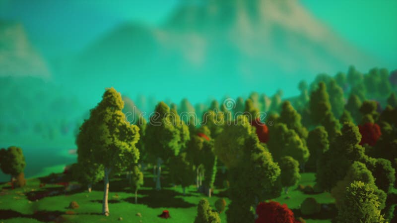 Cartoon Green Forest Landscape with Trees and lake stock illustration