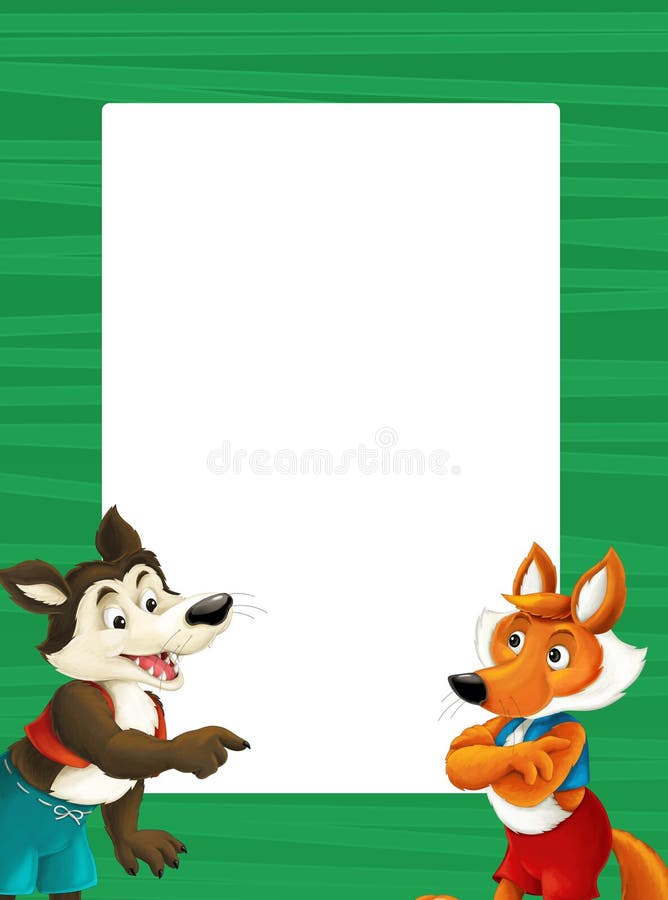 Cartoon green frame with happy fox and wolf for different usage space for text