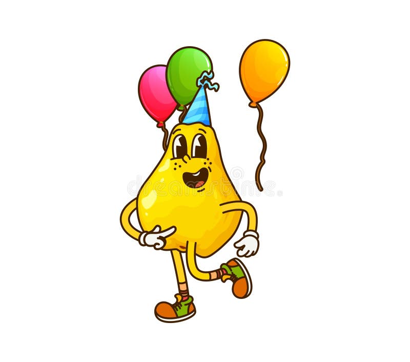 Cartoon groovy quince eller päronfrukt på kul fest vektor illustrationer