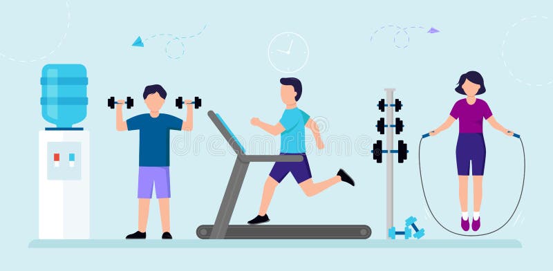 Cartoon Group of People in Gym Exercising. Male and Female Characters Doing  Sports on Blue Background Stock Vector - Illustration of people, cartoon:  195867678
