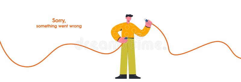 Cartoon guy hold unplugged cable internet disconnect vector flat illustration