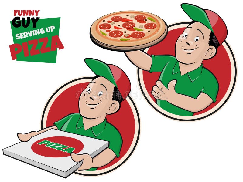 Funny cartoon guy serving pizza sign vector illustration.