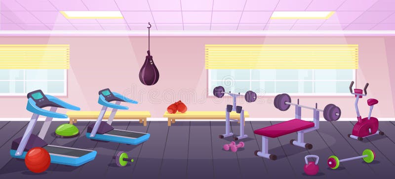Cartoon Gym Interior with Fitness Equipment, City Training Club. Empty Sport Room with Bench Press, Treadmill, Dumbbells Stock Vector - Illustration of sport, power: 231557268 Cartoon Gym Interior with Fitness Equipment, City Training Club. Empty Sport Room with Bench Press, Treadmill, Dumbbells Stock Vector - Illustration of sport, power: 231557268