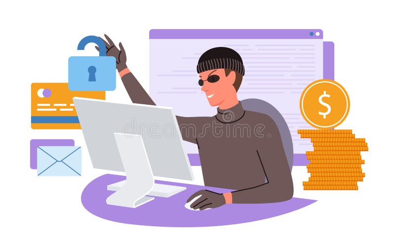 Cartoon hacker using computer, criminal stealing personal digital data information and money. Cybercrime, internet stock illustration