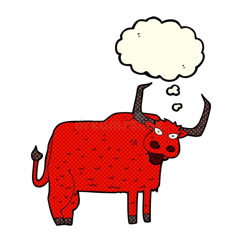 cartoon hairy cow with thought bubble