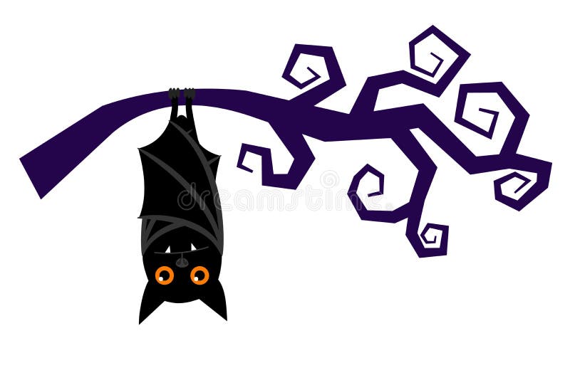 Cartoon halloween bat hanging on tree branch vector