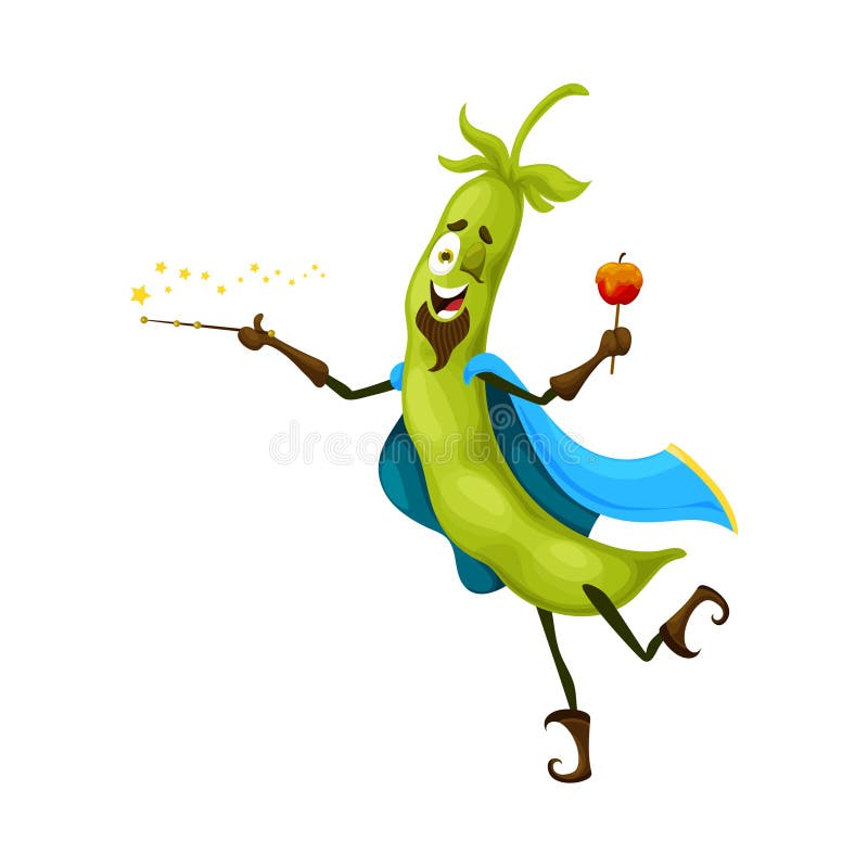 Cartoon Halloween bean mage character. Isolated vector funny Hallowmas veg, blithe green pea pod wizard with magic wand and caramel apple casts sorcery spell. Comic joyous vegetable personage in cape. Cartoon Halloween bean mage character. Isolated vector funny Hallowmas veg, blithe green pea pod wizard with magic wand and caramel apple casts sorcery spell. Comic joyous vegetable personage in cape