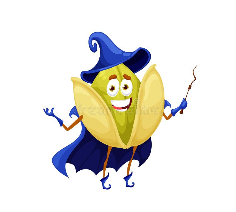 Cartoon Halloween pistachio wizard character. Isolated vector funny blithe nut wizard with magic wand casts sorcery witchcraft spell. Comic joyous personage in Hallowmas cape and pointed hat