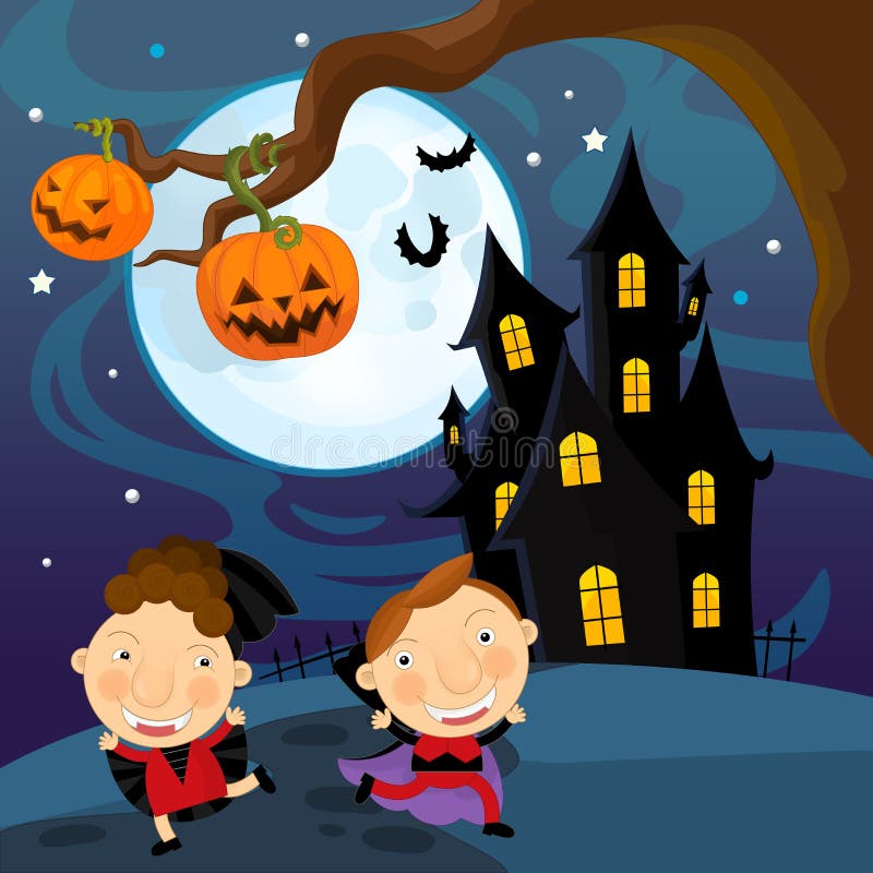 Cartoon Halloween Scene - Kids Stock Illustration - Illustration of ...