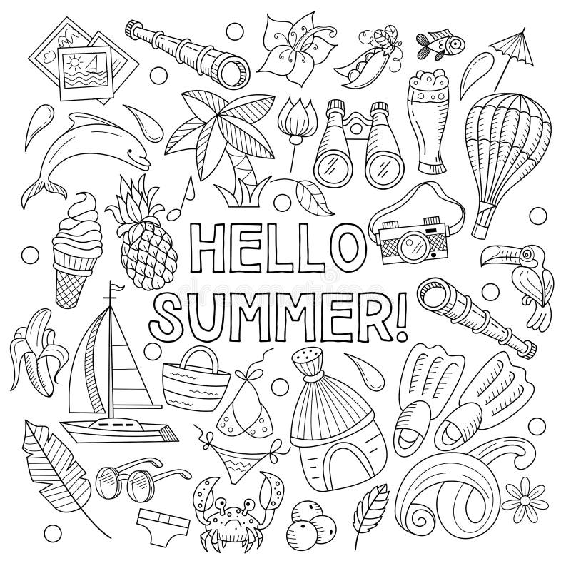 Cartoon Hand Drawn Doodle Consisting of Separate Elements. Summer, Rest ...