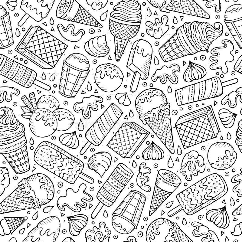 Cartoon Hand-drawn Ice Cream Doodles Seamless Pattern Stock Vector ...