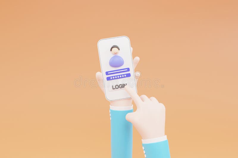 Cartoon hand, Log in to an online account on a smartphone app. User interface. Secure login and password. 3D illustration. Online account log illustrations