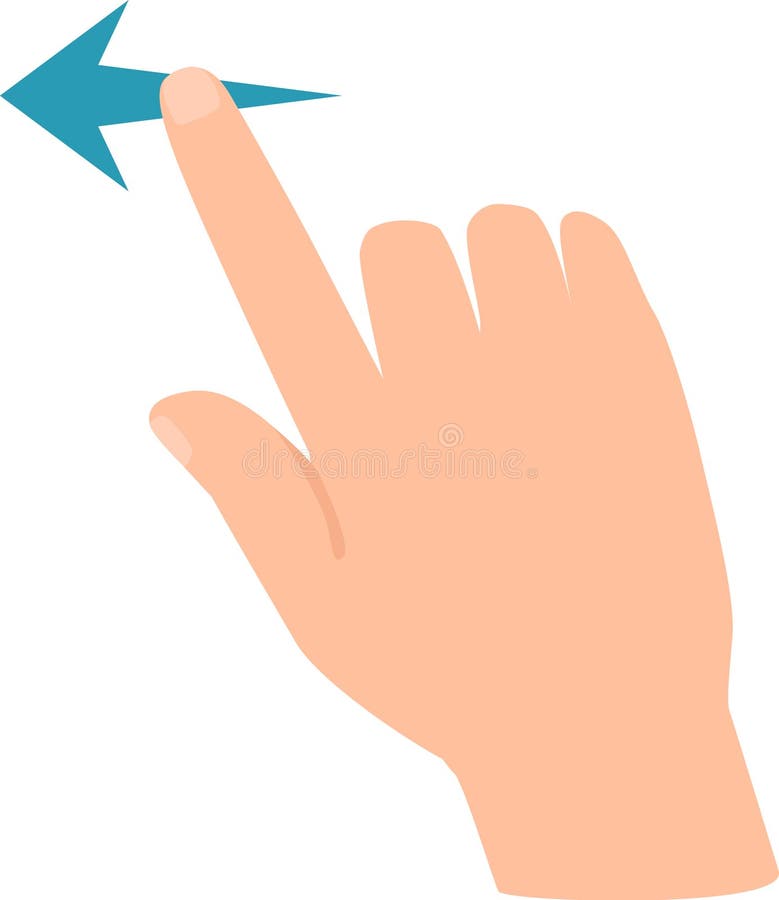 Cartoon hand making a swiping left gesture with the index finger and a blue arrow following the movement, representing vector illustration