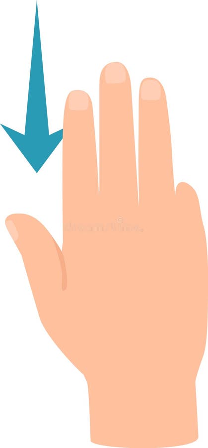 Cartoon hand scrolling down with three fingers, with a big blue arrow pointing down near them, representing using a vector illustration
