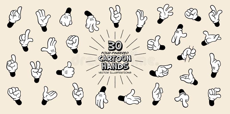 Set of Thirty Different Retro Four-Fingered Cartoon Hands. stock illustration