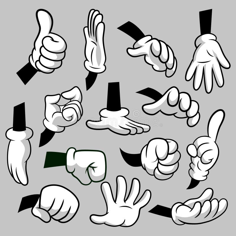 Cartoon hands with gloves icon set isolated. Vector clipart - parts of body, arms in white gloves. Hand gesture stock illustration