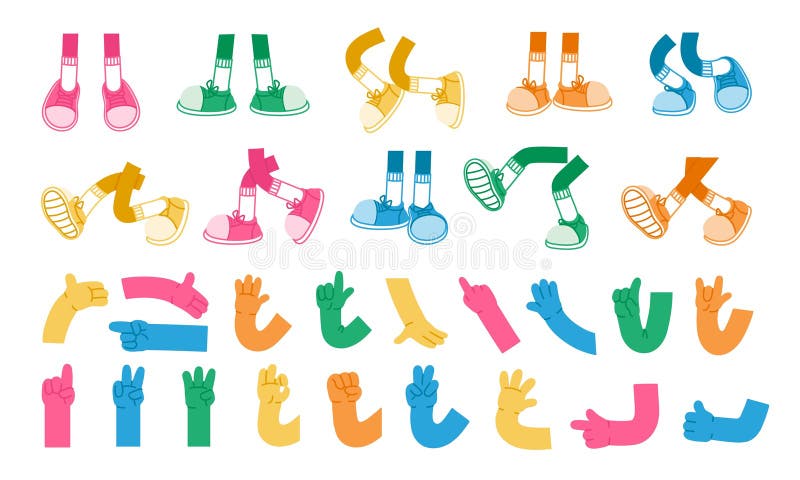 Cartoon hands and leg. Retro color comic leg in sneakers, mascot arm and hand, feet in trainers walking, expression pose