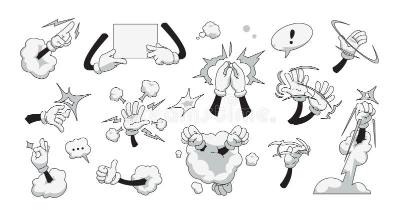 Cartoon hands. White gloves with comic action effects as claps, finger click, showing strength and hand wave. Vector set