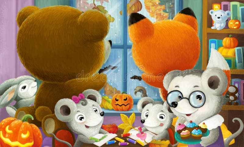 Cartoon happy animals in kindergarten halloween illustration