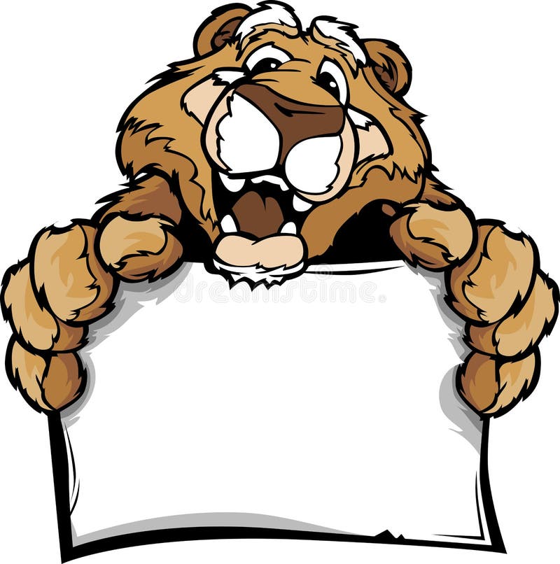 Cartoon Of A Happy Cute Cougar Mascot Holding Sign Stock Vector