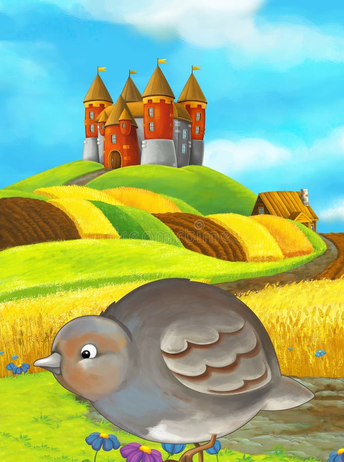 Cartoon happy farm scene with cute bird and castle royalty free illustration Cartoon happy farm scene with cute bird and castle royalty free illustration