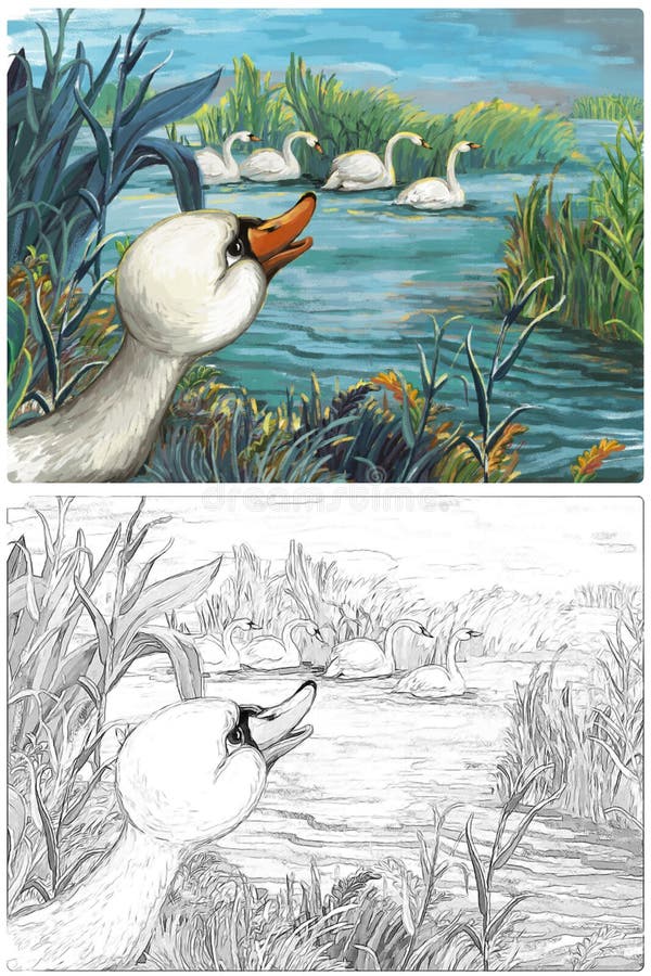 Cartoon happy and funny farm scene with happy bird swan sketchbook illustration for children
