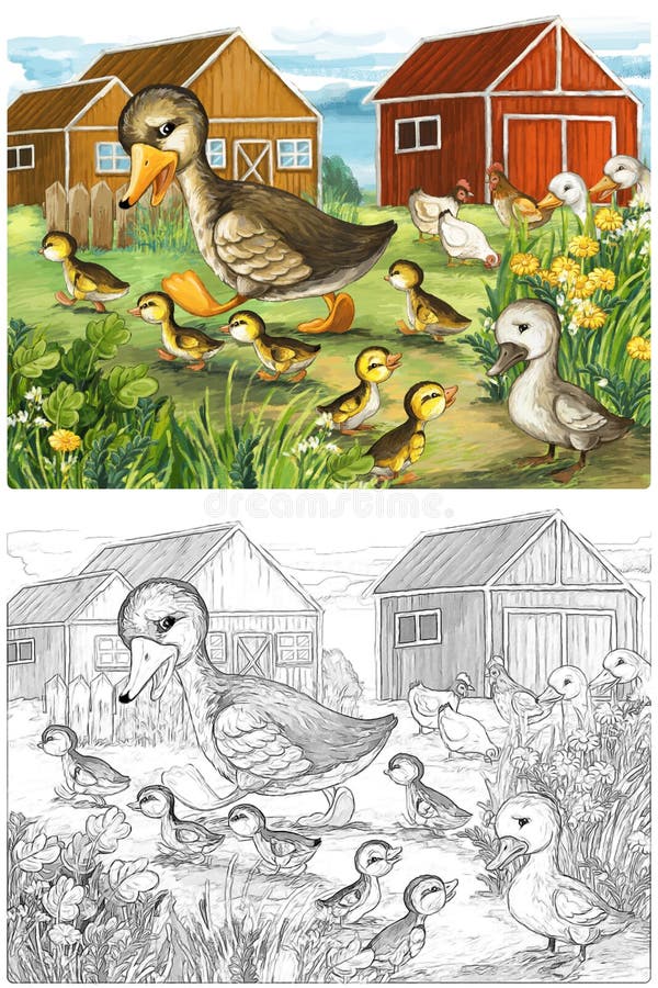 Cartoon happy and funny farm scene with happy birds ducks family sketchbook illustration for children