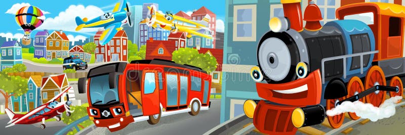 Cartoon happy and funny scene of the middle of a city with cars and train