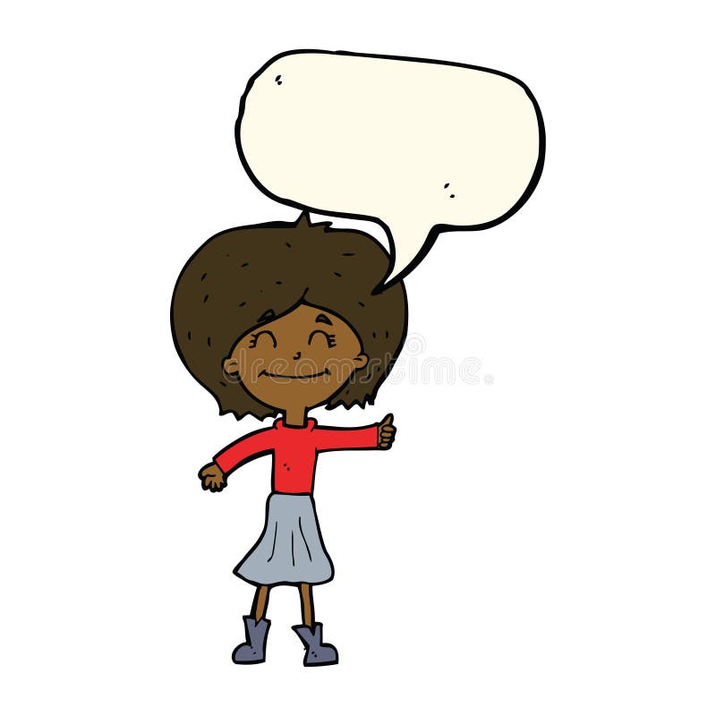 cartoon happy girl giving thumbs up symbol with speech bubble
