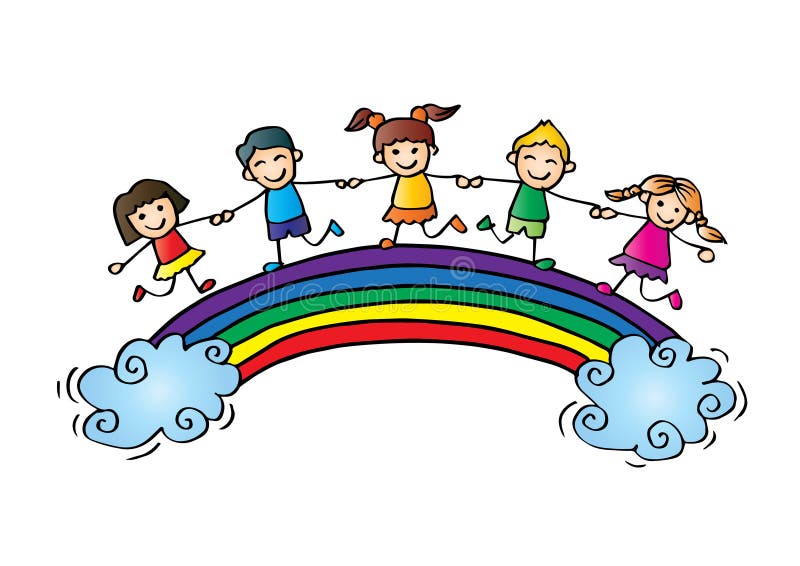 Cartoon Happy Kids on the Rainbow Stock Illustration - Illustration of  clouds, friends: 122519108